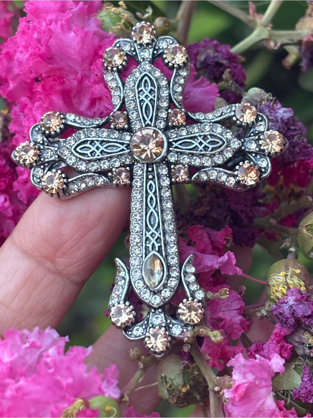 Rhinestone Cross Pendant Brooch - Champagne Crystals